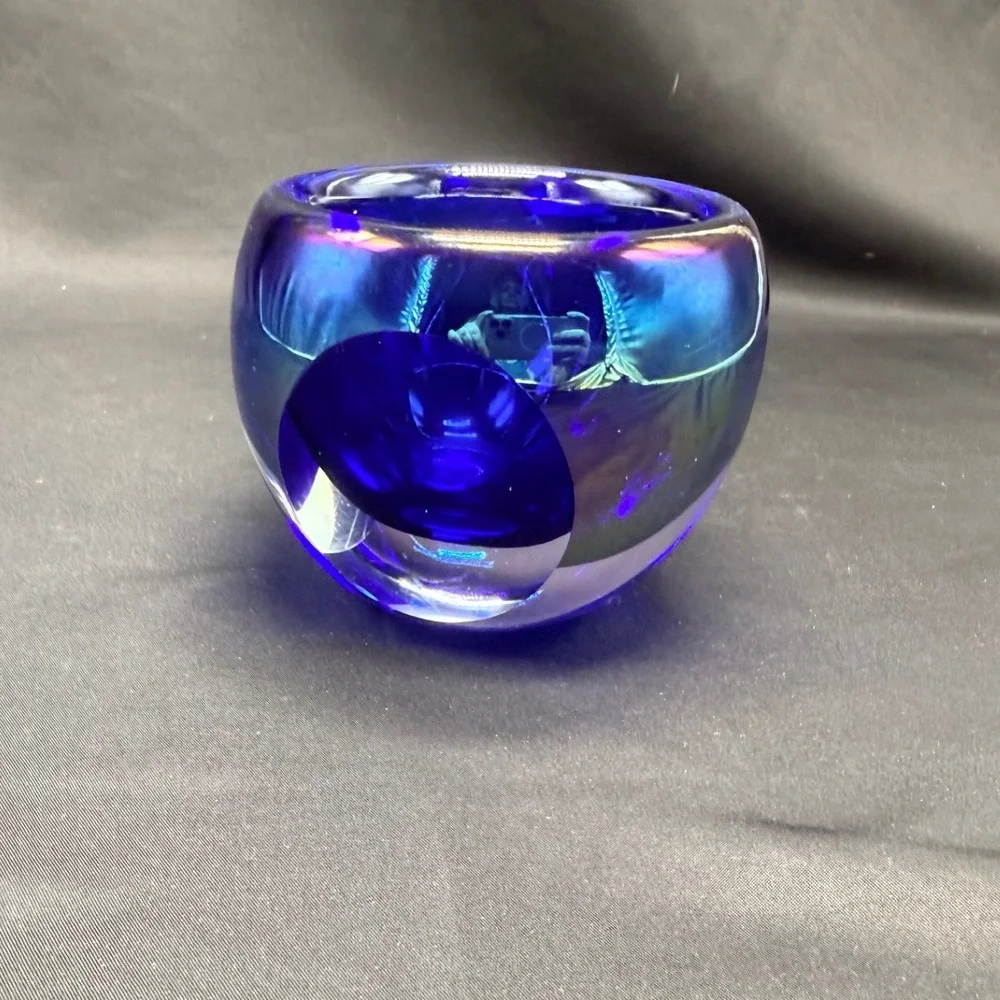 Cobalt Blue Iridescent Art Glass Votive Holder Carnival Glass 3.5in